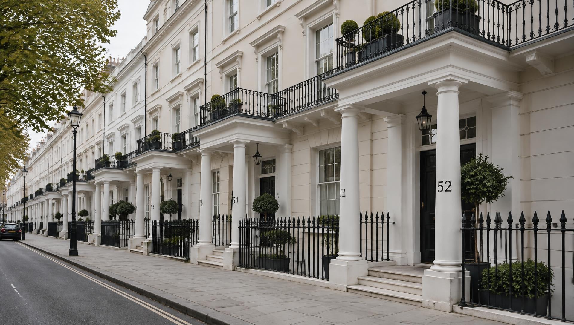 Row of white stucco Georgian townhouses with black iron railings in central London