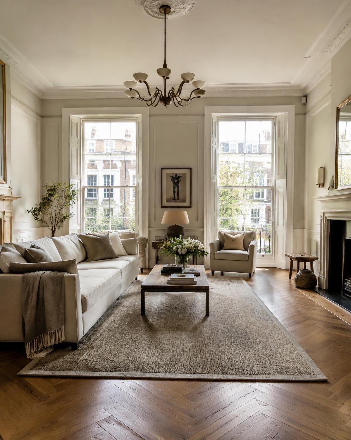 Light-filled London townhouse drawing room with tall sash windows and herringbone floor